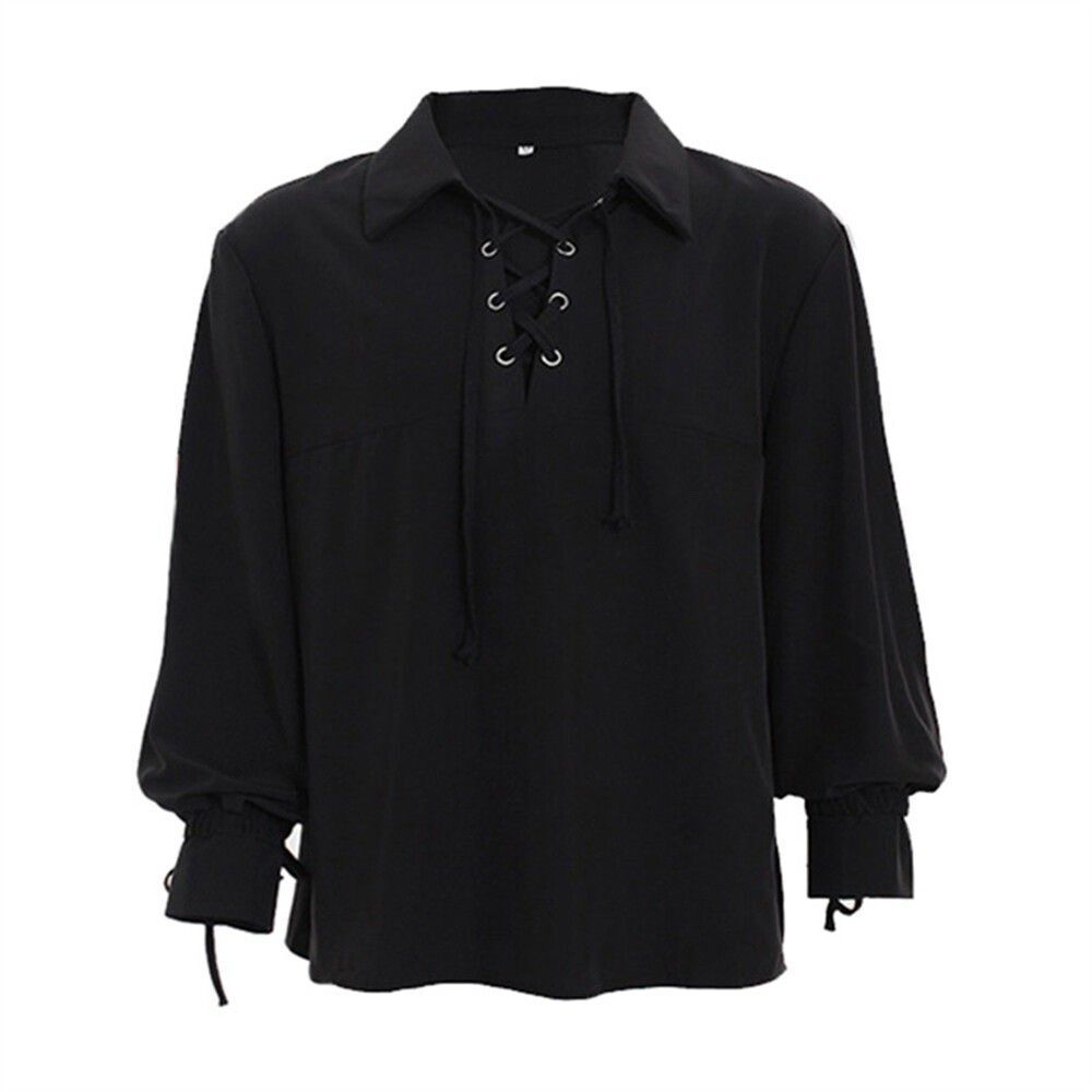 Women Black Lace Up Blouse Puff Sleeve Tie Cuff Peasant Boho Top Size XL